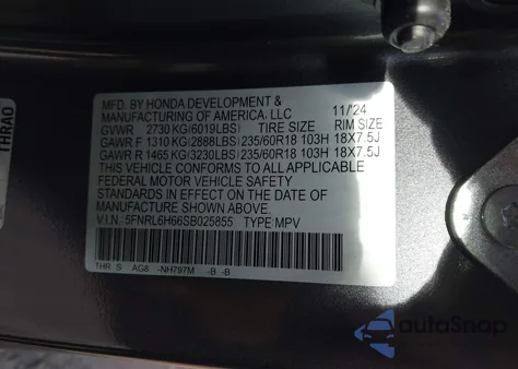 2025 Honda Odyssey Ex-L из США, поврежденный, VIN 5FNRL6H66SB025855